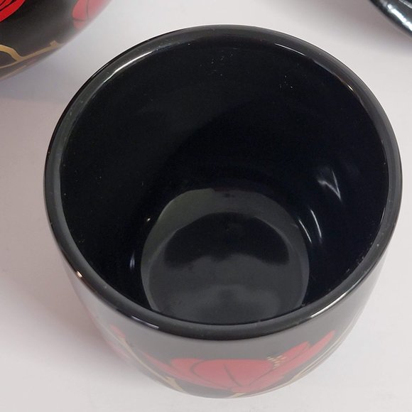 Black Teapot and Cup Set Red Flower Design Asian Missing Handle - Picture 8 of 14